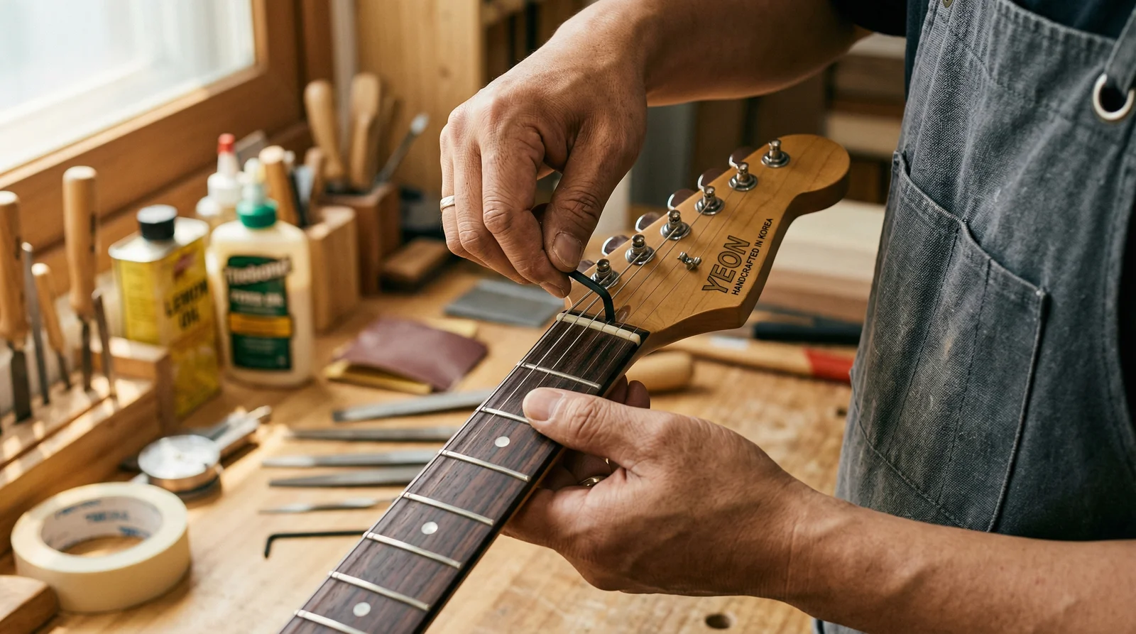 기타 넥 작업하는 손