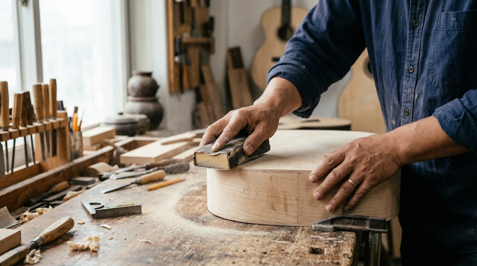 나무 조각 사포질하는 손