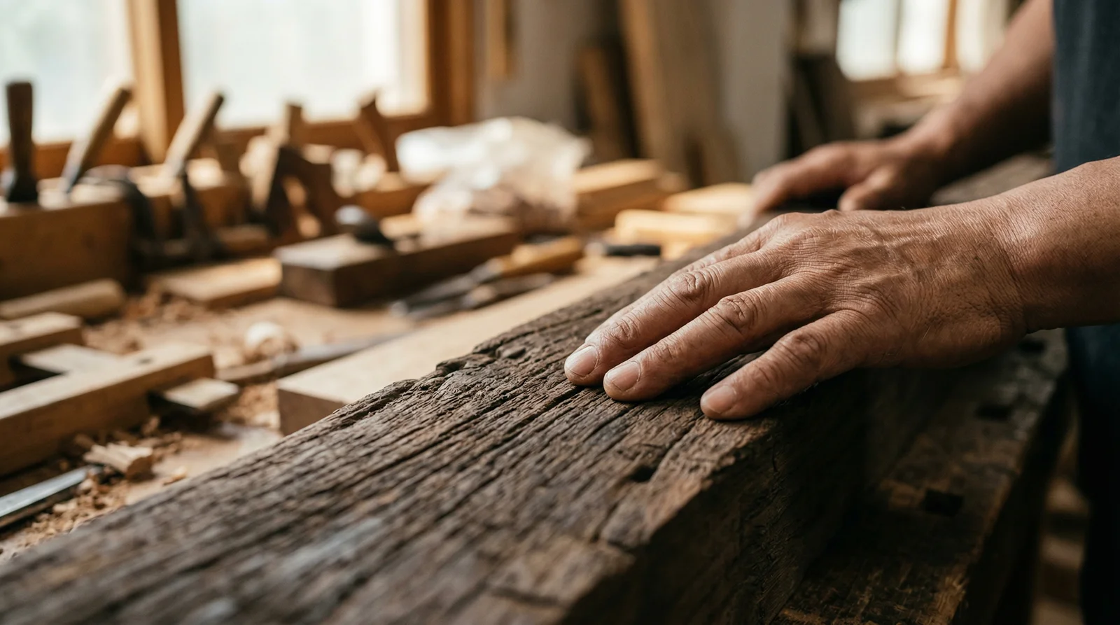 나무 표면을 만지는 손